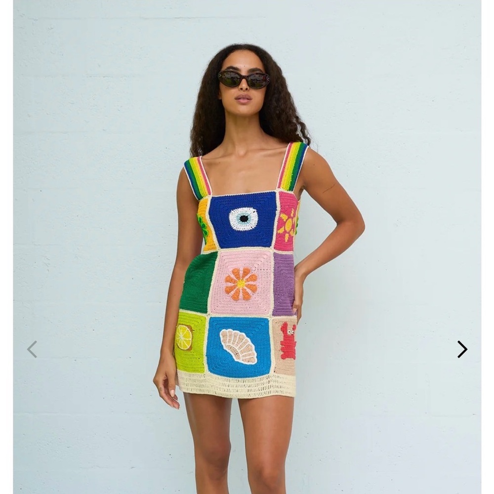 Pitusa Rainbow Patchwork Crochet Mini Dress